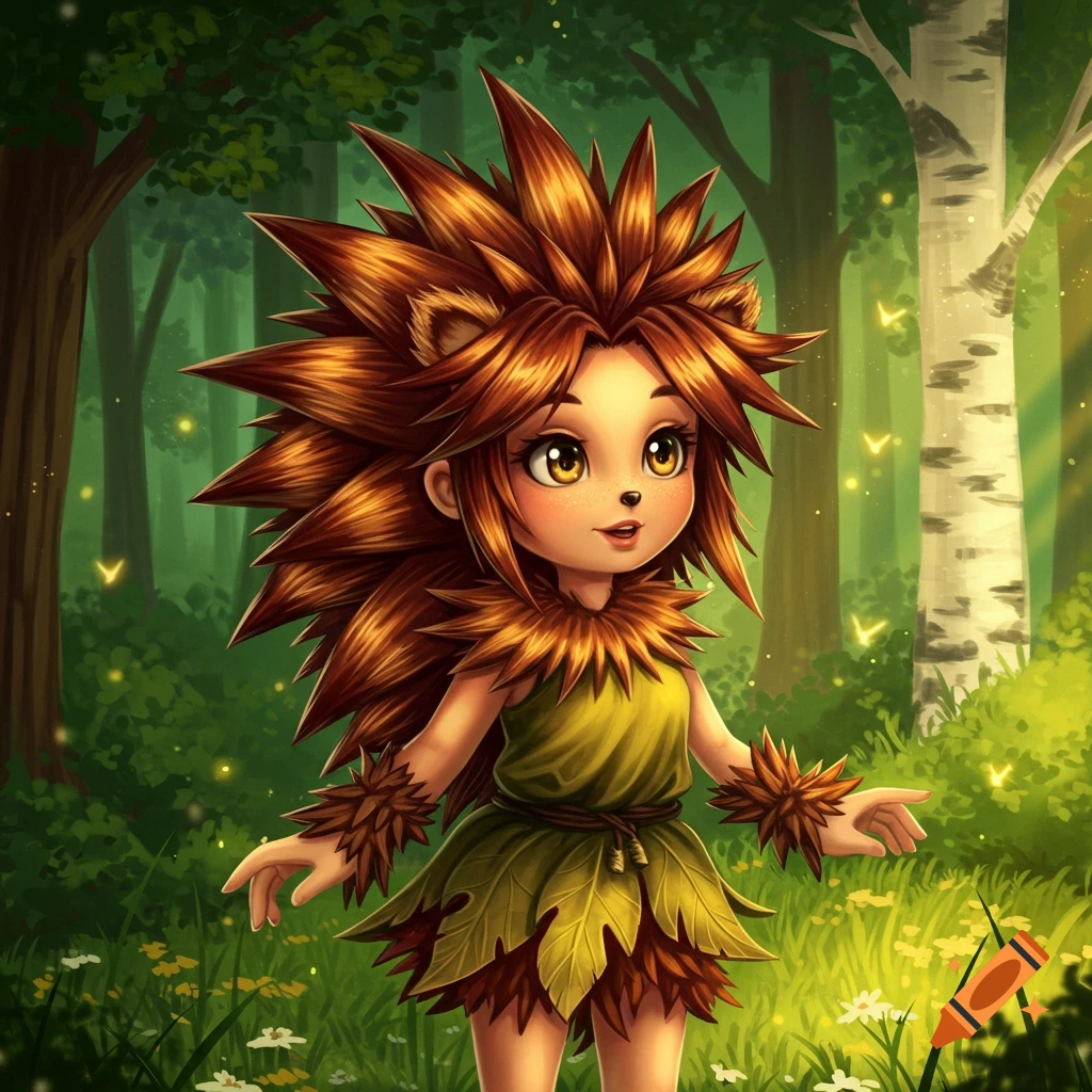 An anime-style hedgehog girl in a leafy dress stands in a vibrant fantasy forest with glowing fireflies.