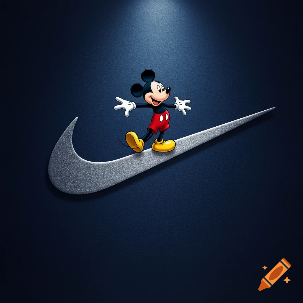 Mickey Mouse stands happily on a large, silver Nike swoosh logo against a dark blue background.