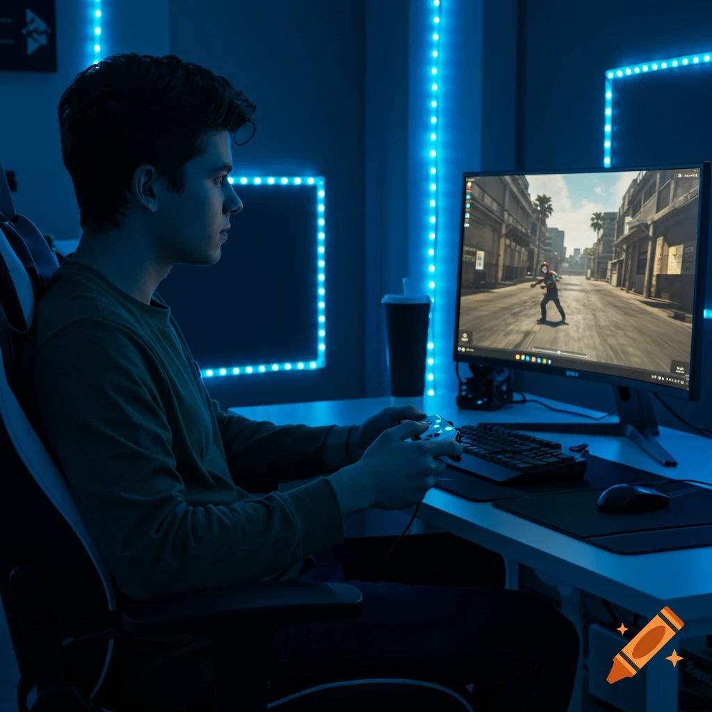 A young man with dark hair plays a video game with a controller on a desktop computer, illuminated by blue LED lights in his room.