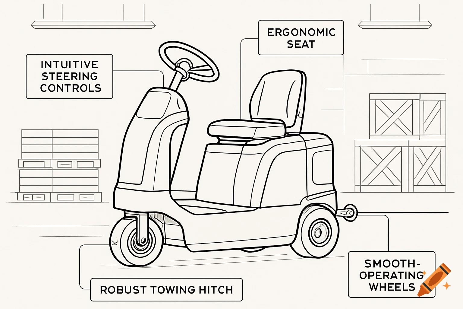 Line drawing of a ride-on tow motor labeled with features like ergonomic seat and intuitive steering controls, set in an outline diagram style.