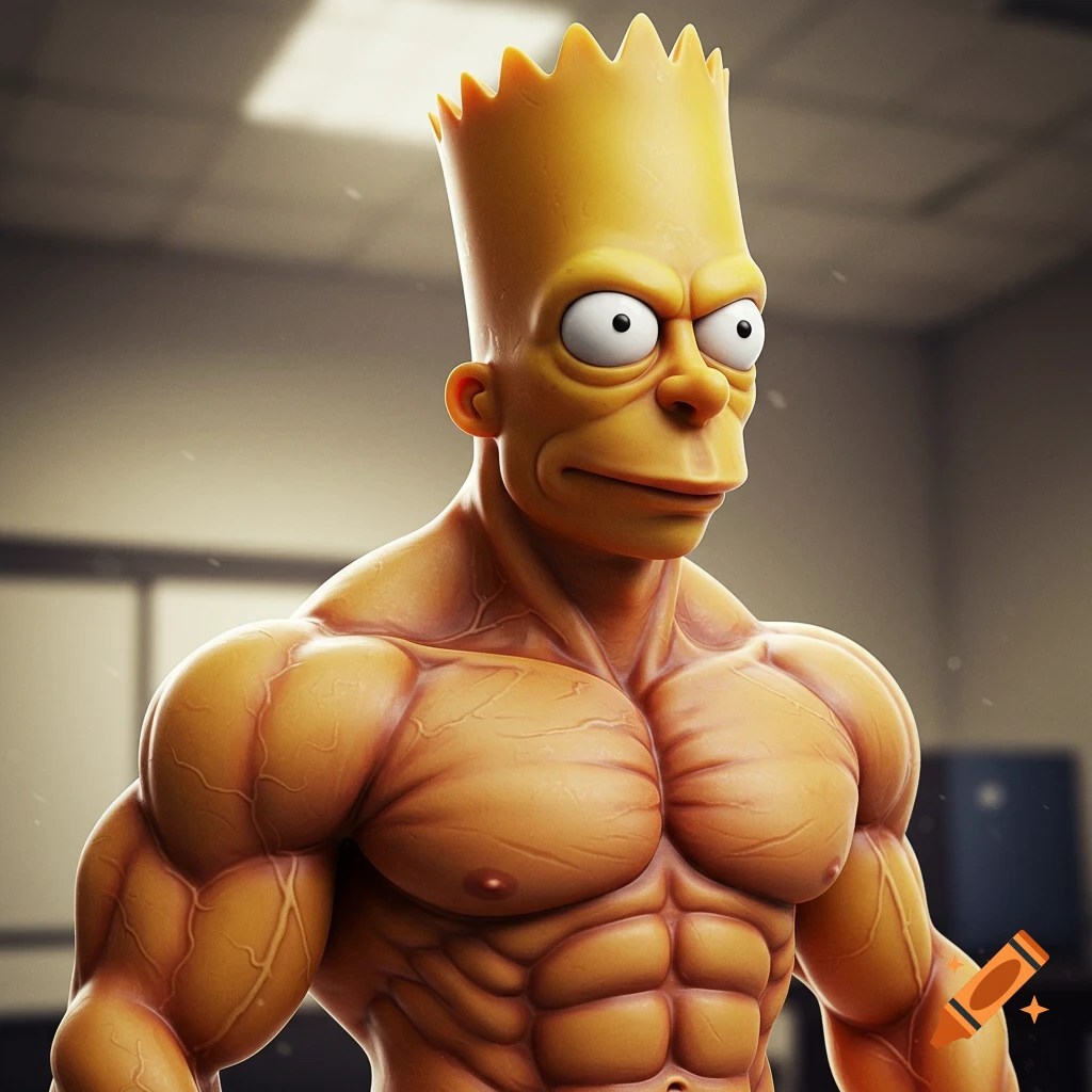 Hyperrealistic, muscular Bart Simpson with bulging veins, standing in a gym setting.