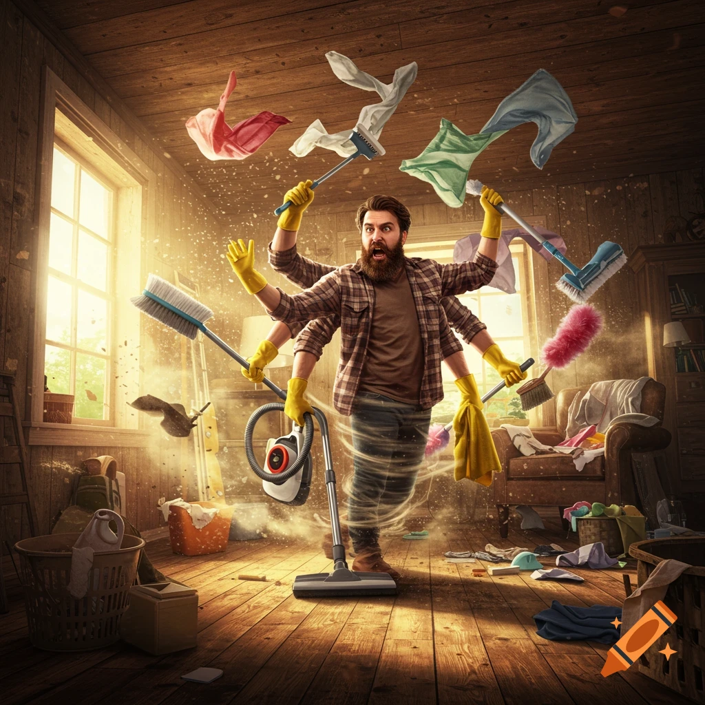 A bearded man with multiple arms frantically cleans a messy, sunlit room, with cleaning supplies and laundry flying around him in a blur of motion.