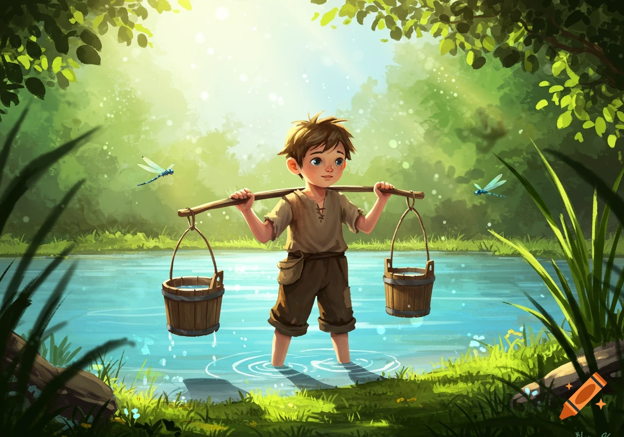 A young boy carries two buckets of water with a yoke, standing in a shimmering stream amidst a vibrant green forest, with dragonflies nearby. Stylized illustration.