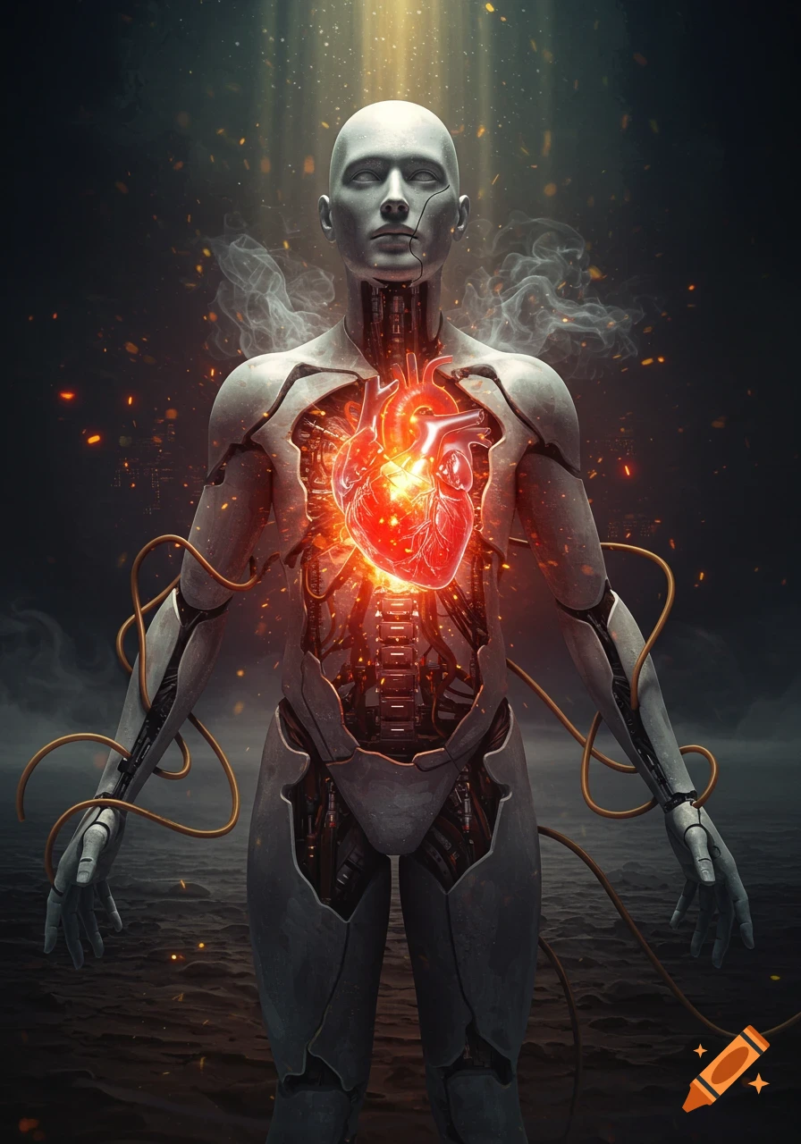 A metallic humanoid robot with an exposed, glowing red heart in its chest, standing in a dark, desolate landscape.