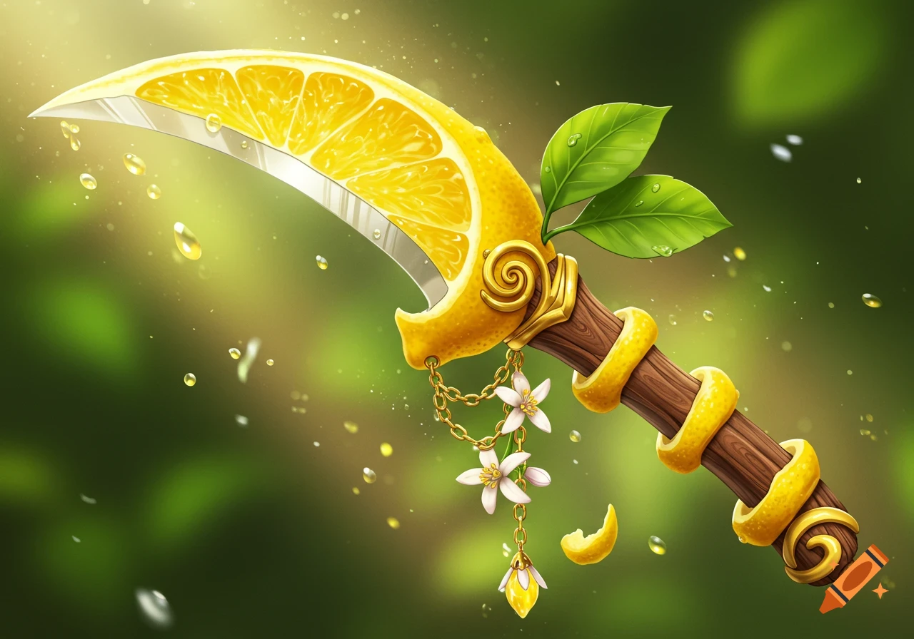 A stylized fantasy dagger with a lemon slice blade, wood handle, gold accents, and lemon blossoms, with juice drops splashing on a green background.