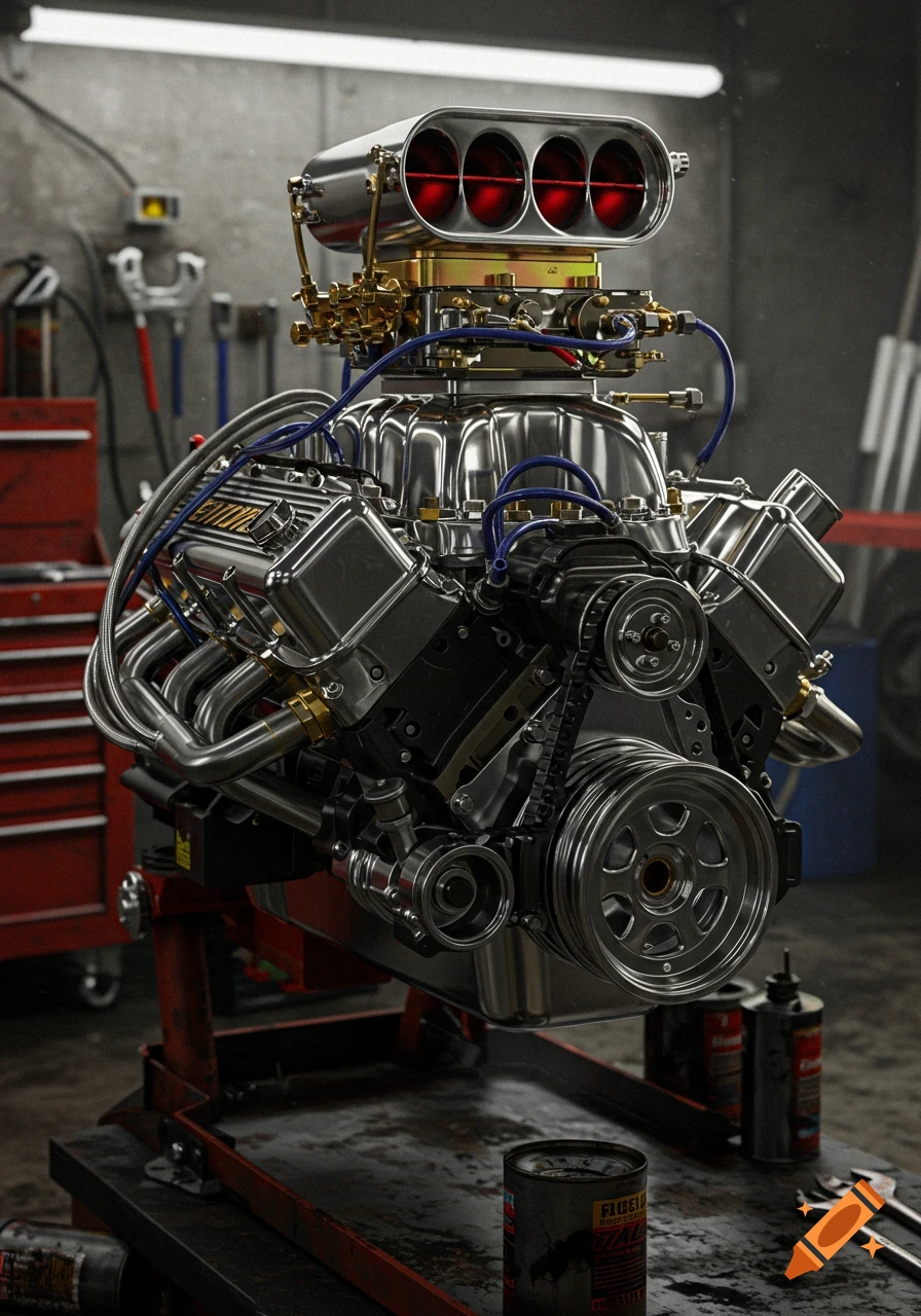 Photorealistic, shiny chrome V8 drag engine with a supercharger, mounted on a red engine stand in a workshop.