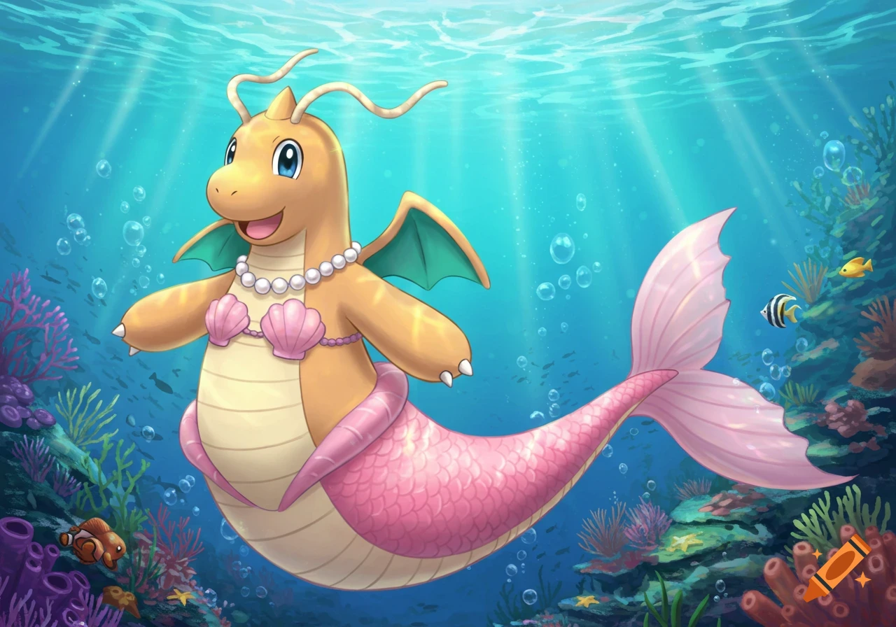 Dragonite as a mermaid with a pink tail and seashell bra, wearing a pearl necklace, swimming underwater amidst coral and fish.