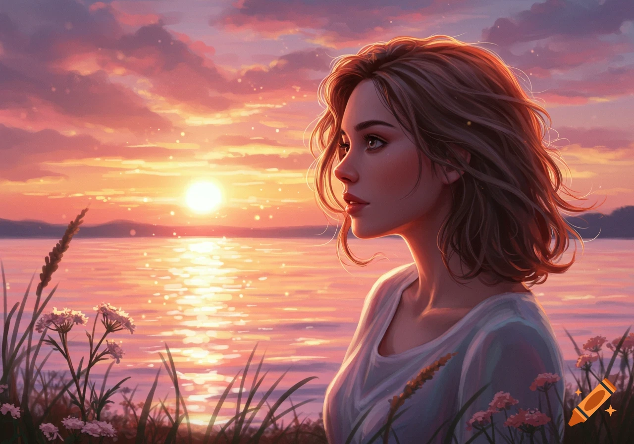 A young woman in a white shirt looks out over a glowing lake at sunset with pink and orange clouds and foreground plants, digital art.