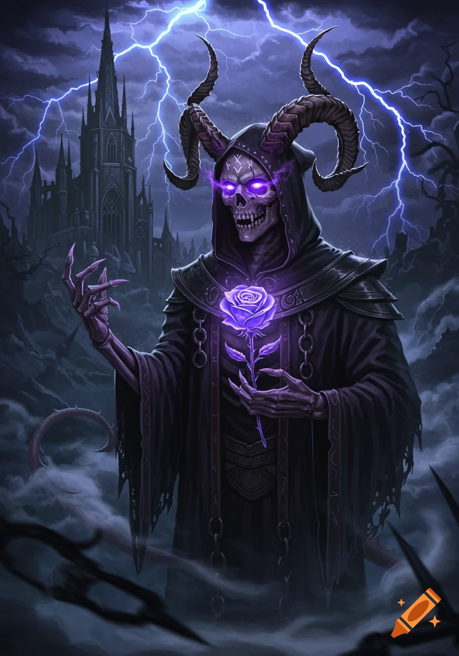 A horned skeletal sorcerer in a black hooded robe holds a glowing purple rose in a stormy gothic landscape with a castle and lightning.