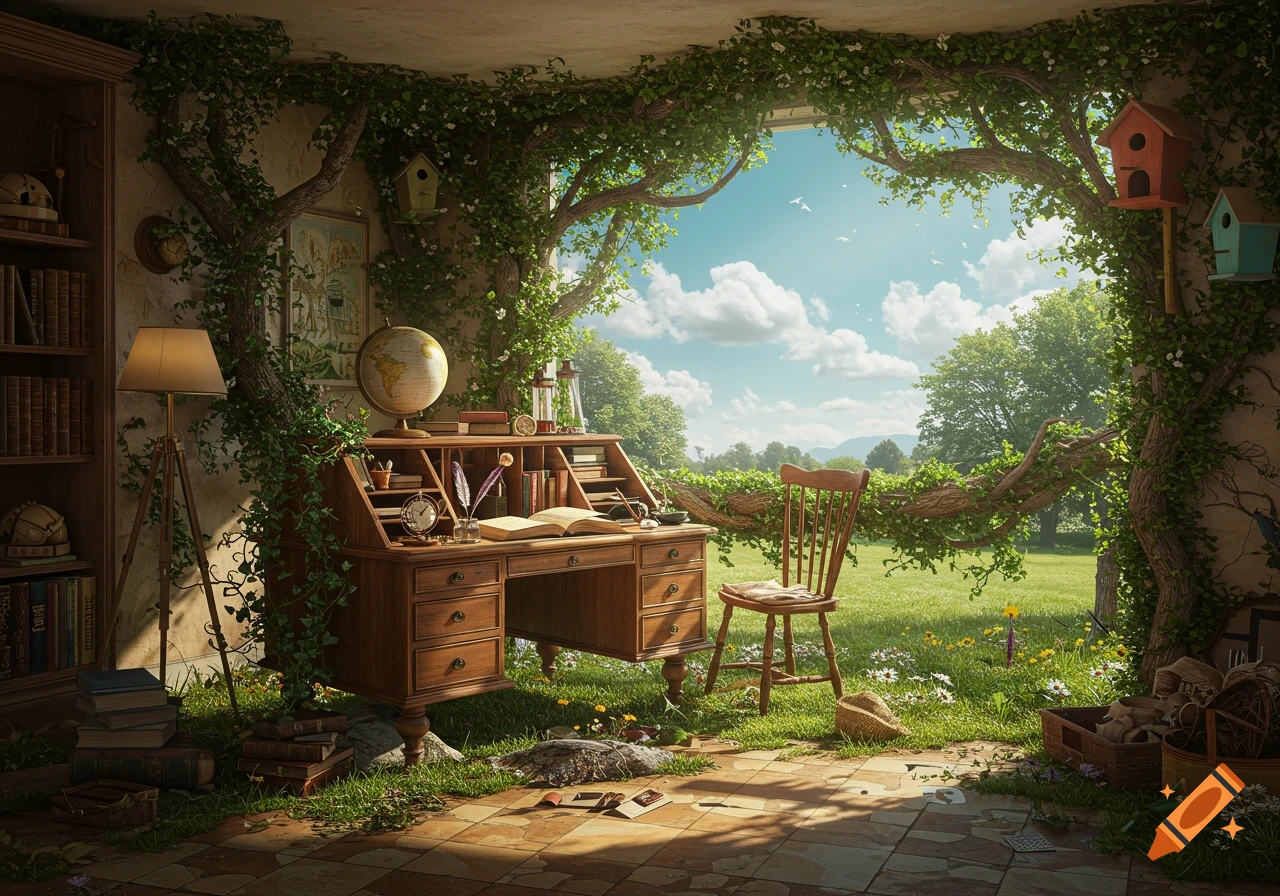 A whimsical study room blends with a lush outdoor garden, featuring a wooden desk, chair, globe, and books, surrounded by overgrown vines and trees under a blue sky.