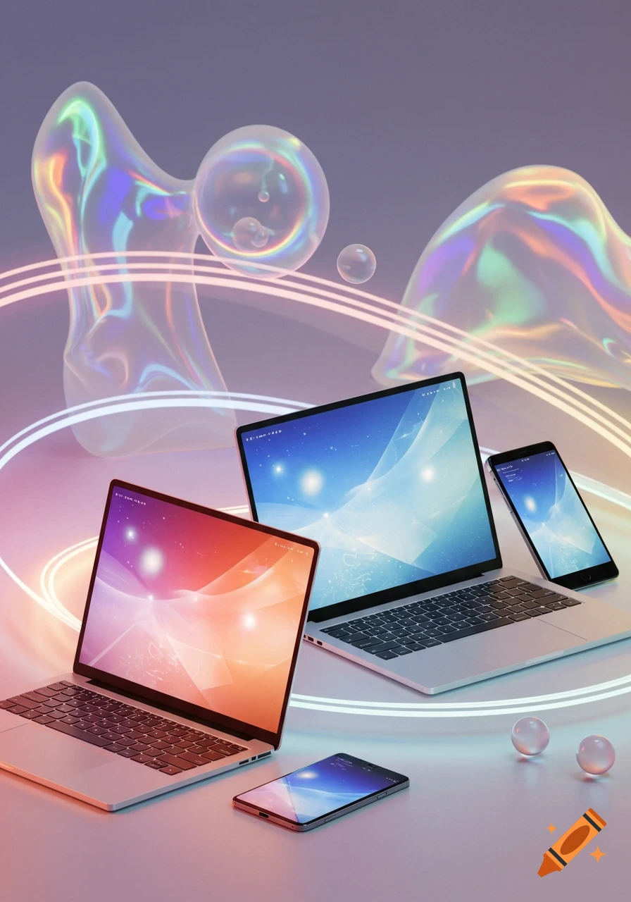 Two laptops and two smartphones are displayed on a white surface, surrounded by glowing lines and iridescent, fluid abstract shapes in a colorful, modern style.