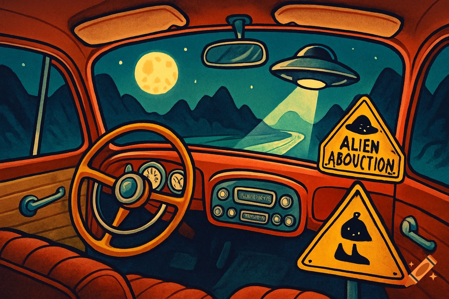 Cartoon style view from inside a red 1950s car at night, looking at a UFO in the sky above mountains and a road sign for "Alien Abouction."