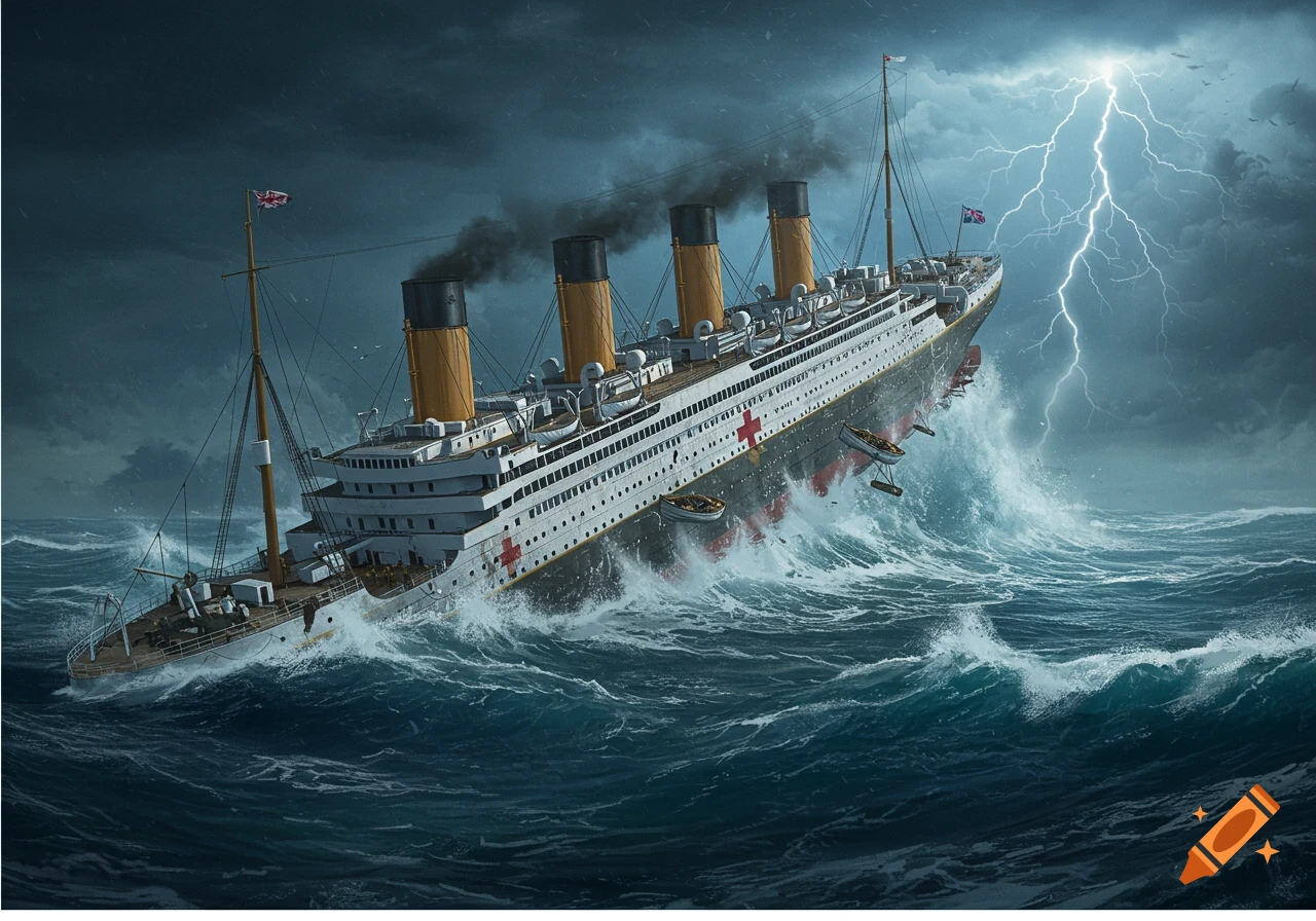 The HMHS Britannic, Titanic's sister ship, capsizing in a stormy ocean with lightning.
