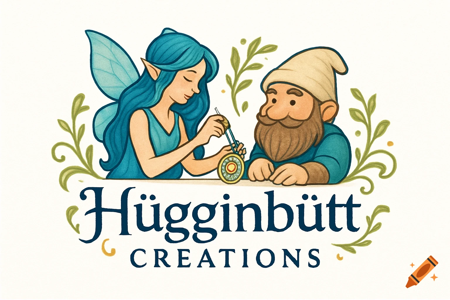 A color logo illustration of a blue-haired fairy making jewelry next to a brown-bearded gnome, with 'Hügginbütt Creations' below.