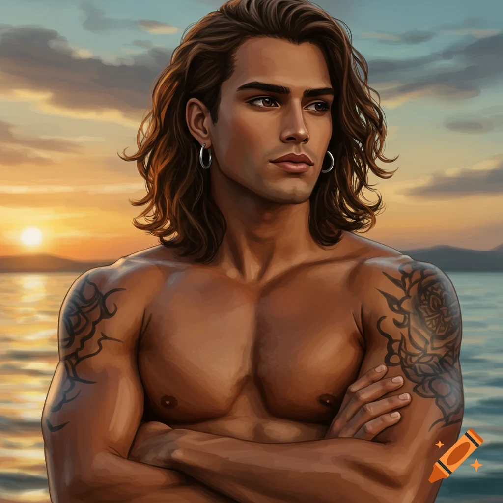 Digital painting of a handsome, muscular man with long brown hair, earrings, and tattoos, standing shirtless by the water at sunset with arms crossed.
