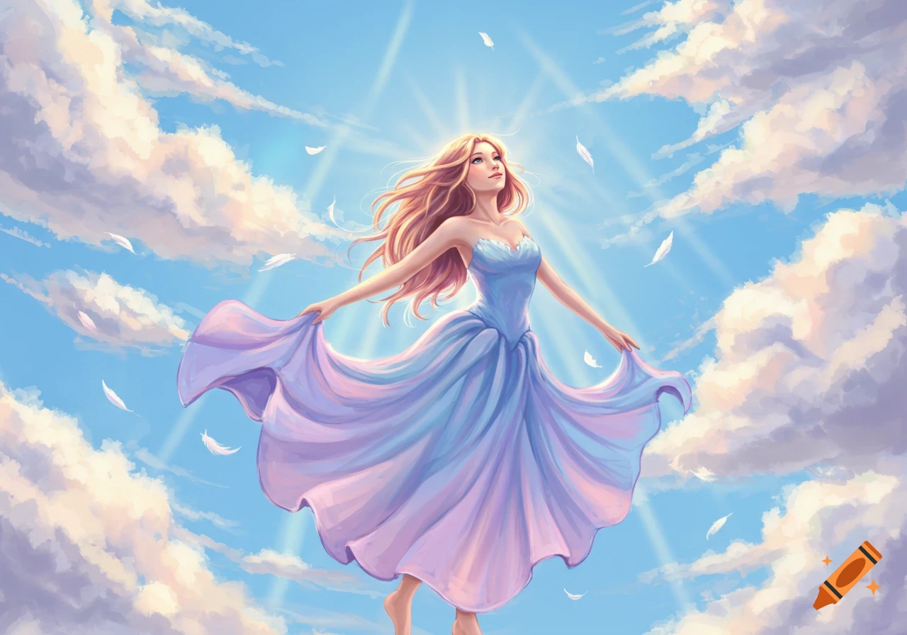 A blonde woman in a flowing blue dress floats in a bright sky surrounded by clouds and falling feathers, with sunbeams radiating.