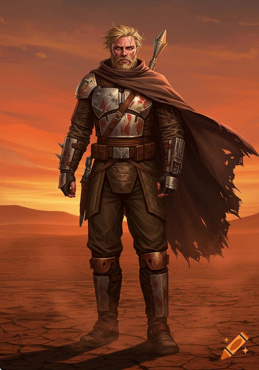 A blonde, bearded man in battle-damaged bounty hunter armor and a tattered cloak stands in a vast, orange desert landscape under a reddish sky.