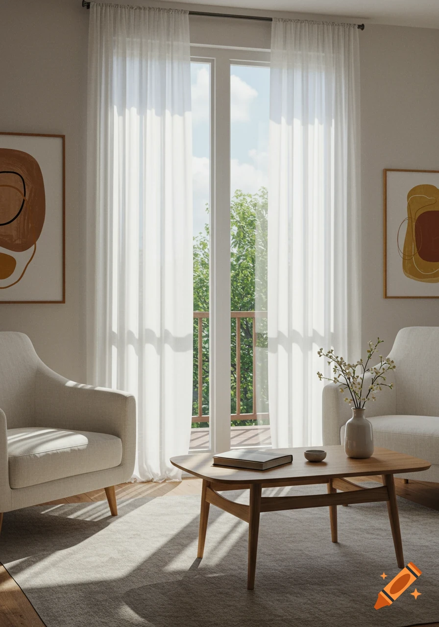 A bright living room with white armchairs, a wooden coffee table, and sheer curtains. Sunlight streams through the window onto a gray rug.