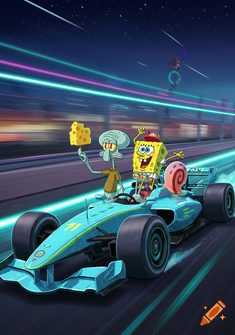 Squidward drives a light blue F1 car with Spongebob and Gary in the back, while holding cheese, on a futuristic race track.