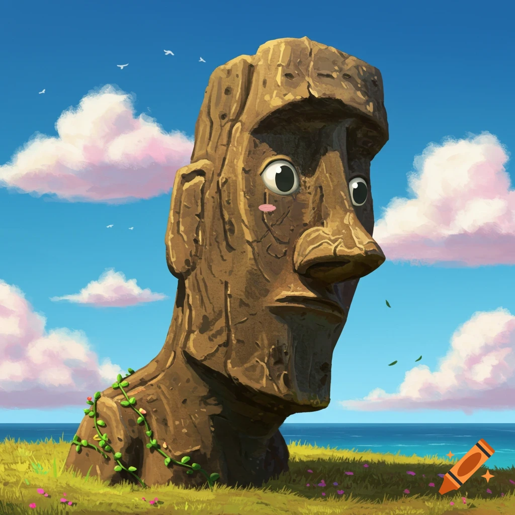 A cartoonish Moai statue with wide eyes and pink blush on its cheek, partially buried in a grassy field next to the ocean under a blue sky with pink clouds and birds.