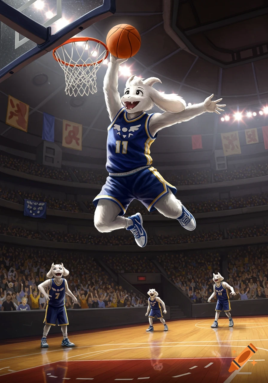 Asriel Dreemurr, an anthropomorphic goat, dunks a basketball in a stadium while two other goat characters watch on the court.