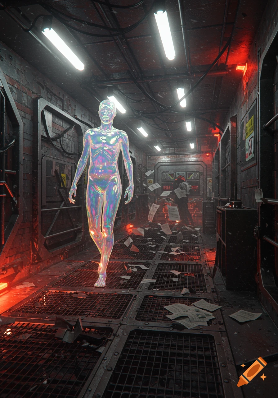 An iridescent humanoid figure walks in a dark, grimy futuristic corridor with red and white lights and scattered papers.