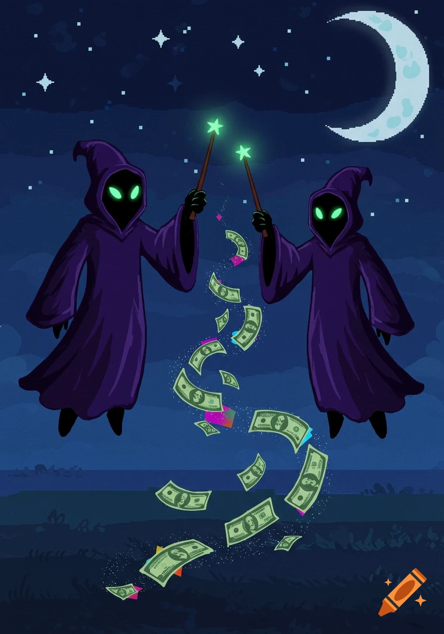 Two dark cloaked wizards with glowing green eyes conjure money and colorful shapes from their wands against a night sky with stars and a crescent moon, in a pixel art style.