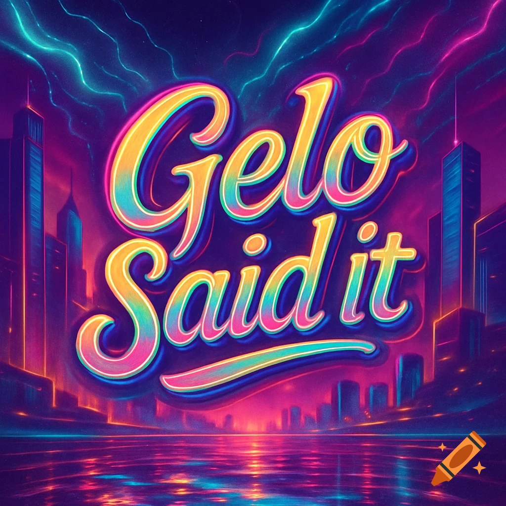 Neon retro lettering reads Gelo Said it over a vibrant cityscape at night with reflections on water.