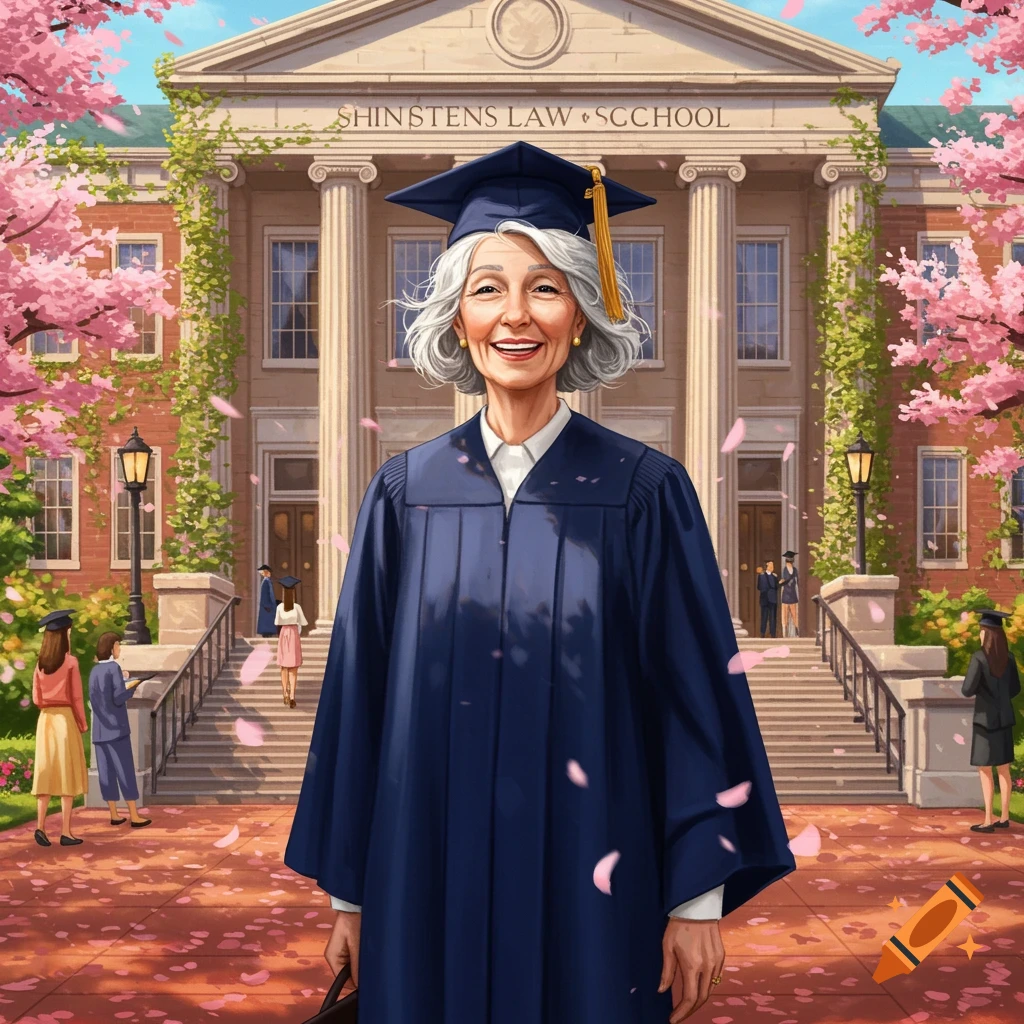 A smiling older woman in a navy blue graduation gown and cap stands in front of a university building with pink cherry blossoms in bloom.