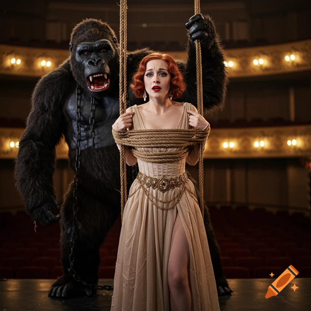 A terrified woman in a long dress is bound by ropes on a stage with a roaring gorilla behind her, in a dramatic, photorealistic style.