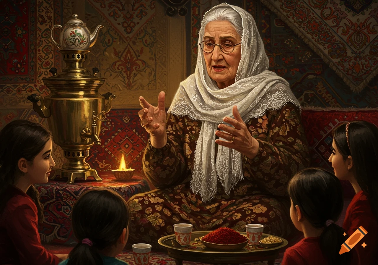 A realistic digital painting of an elderly Iranian grandmother telling stories to children in a traditional Persian home with a samovar.