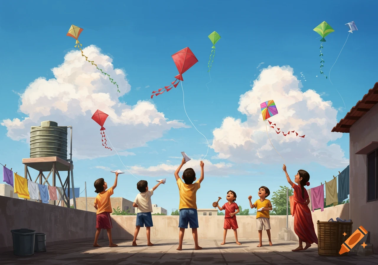 Children and an adult flying colorful kites on a sunny rooftop with clotheslines and a water tank, illustrated.