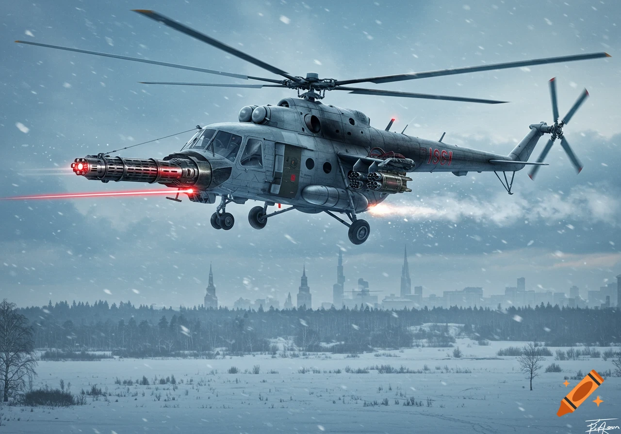 A photorealistic Mi-8 helicopter with a large laser cannon flies over a snowy landscape and a distant city skyline in winter.