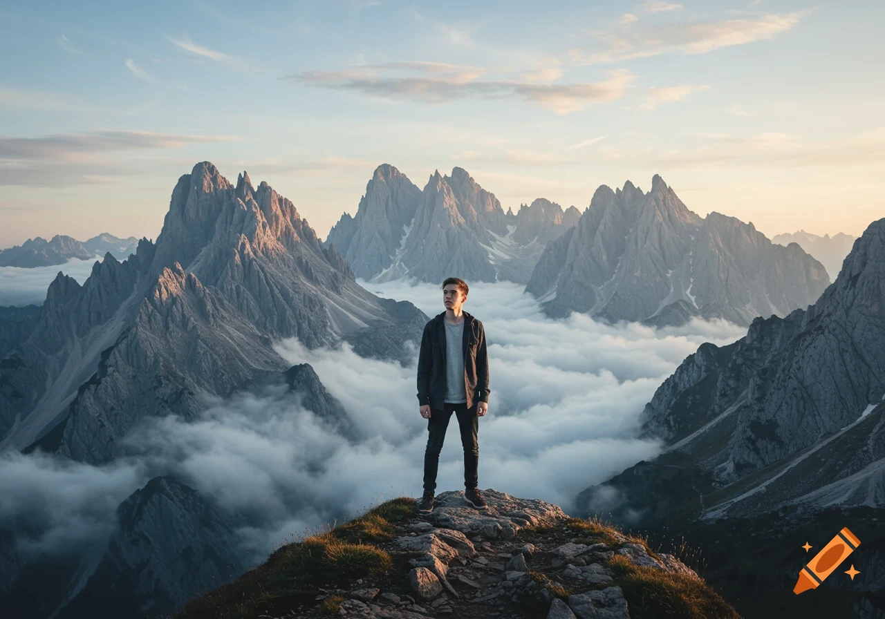 A young man stands on a rocky mountain peak overlooking a vast landscape of jagged mountains and clouds at sunset.