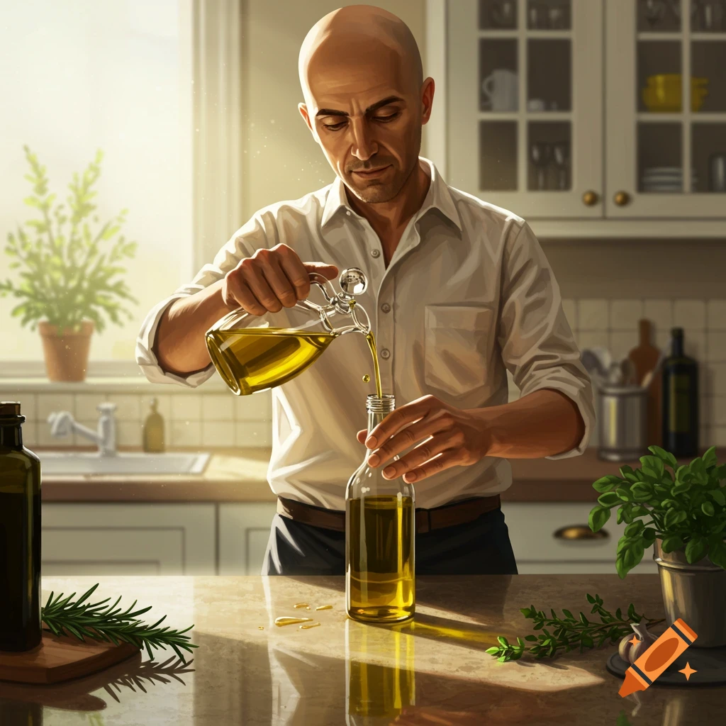 A bald man in a kitchen pours olive oil from a decanter into a bottle, with herbs on the counter.