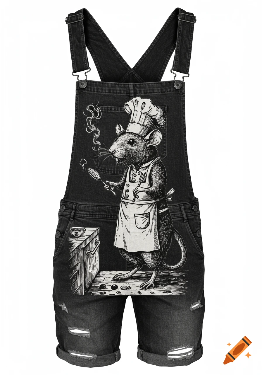 Black denim overalls featuring a black and white illustration of a rat chef in an apron and hat, cooking while smoking a cigarette.