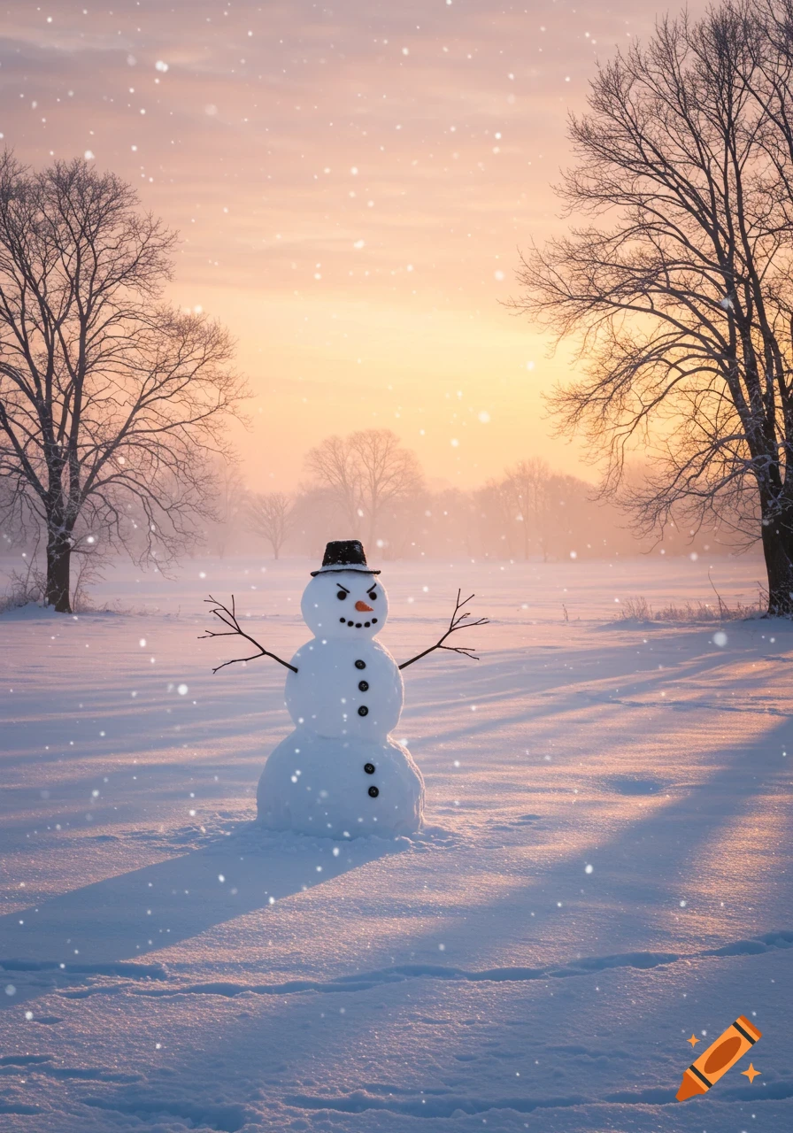 An angry snowman in a black hat stands in a snowy field with bare trees at sunset as snow falls.