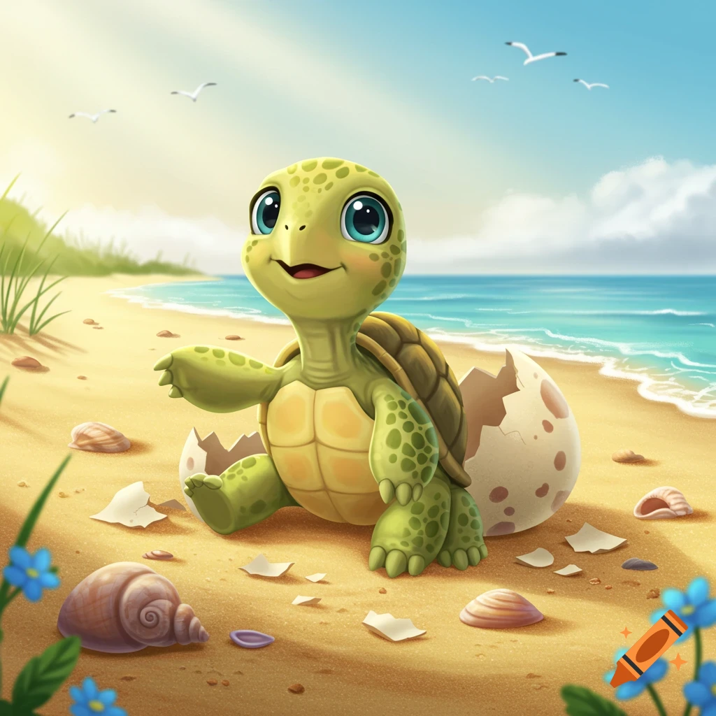 A cute cartoon baby turtle with big blue eyes hatches from an egg on a sunny beach with the ocean and seagulls.