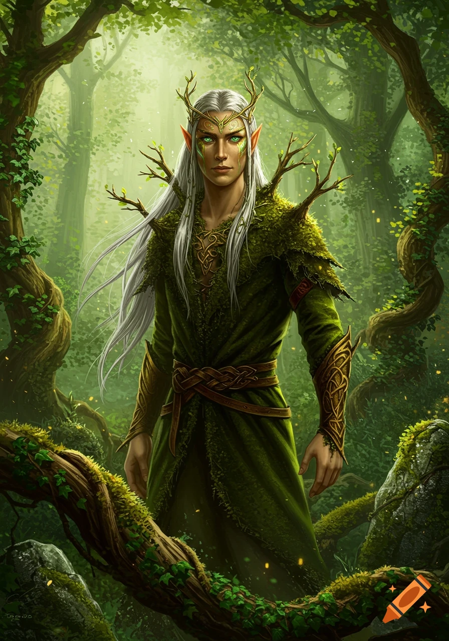 A realistic male elf with long white hair, green eyes, and antlers, wearing mossy green attire in an enchanted forest.