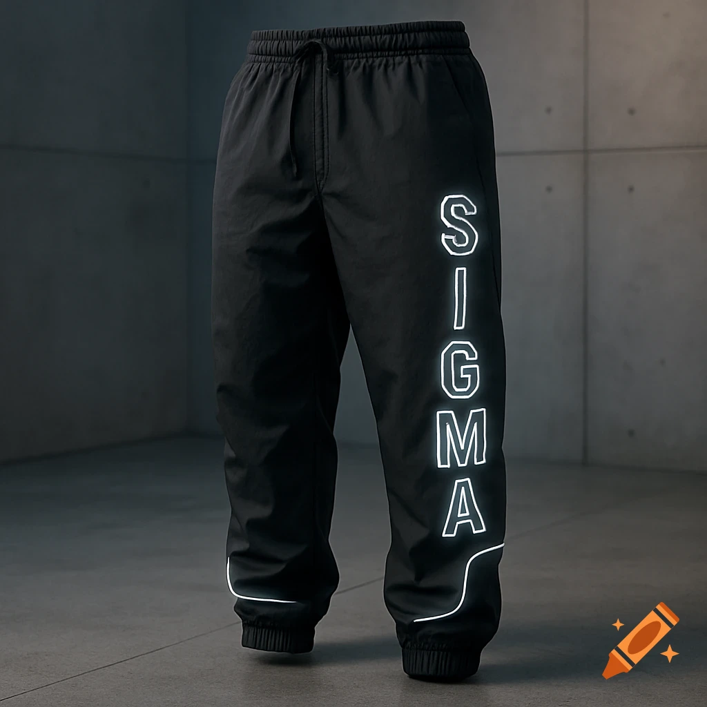 A pair of black track pants with a white glowing outline of the word "SIGMA" vertically down the side of one leg.