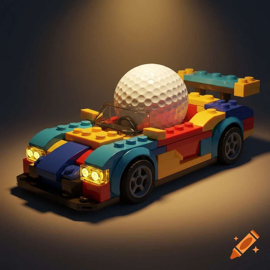 A colorful lego race car with a large white golf ball in the driver's seat, spotlighted on a dark background.