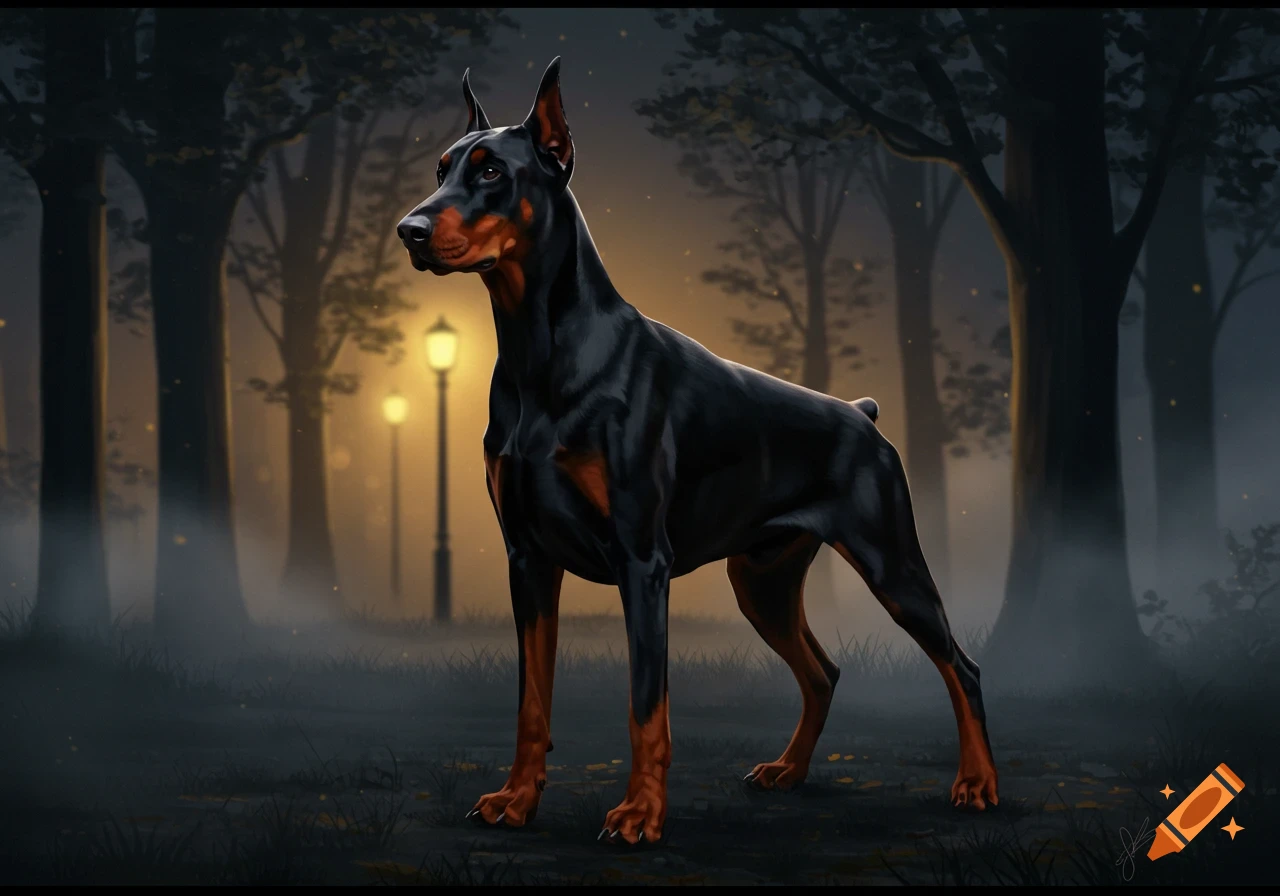 A sleek black and tan Doberman stands alert in a misty, dark forest with glowing streetlights in the background, in a digital painting style.