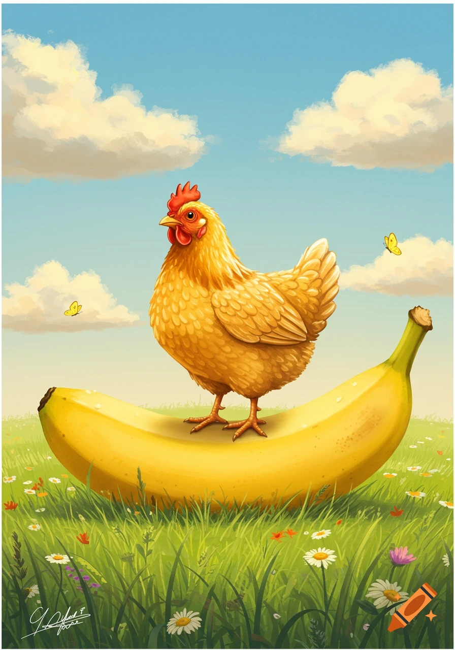 An illustration of a golden chicken standing on a large banana in a green field under a blue sky with clouds and butterflies.