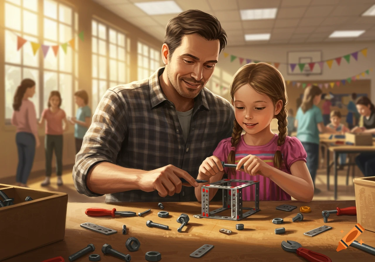 A father and daughter smiling as they build a metal structure with nuts and bolts on a wooden table at a school event.