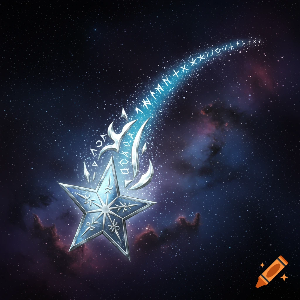 A stylized blue and silver star with glowing runes in its wake, falling through a starry night sky with nebulae.