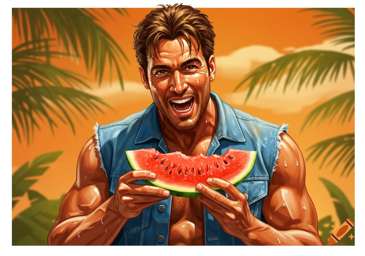 Illustrated man in a denim vest laughing while eating a watermelon slice, set against a tropical background.