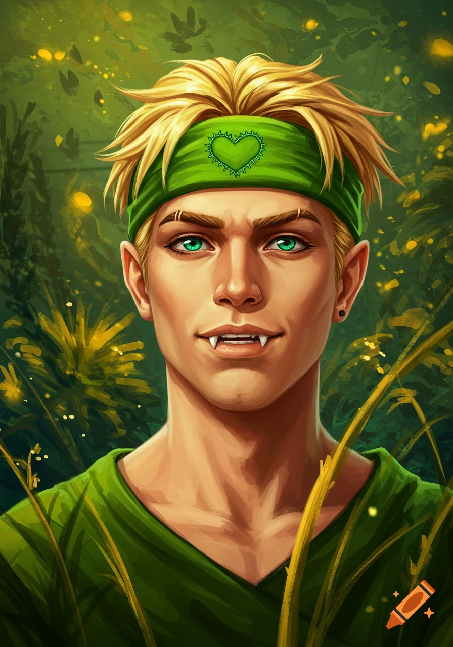Digital art portrait of a blond man with fangs, green eyes, and a green headband with a heart, set against a green, glowing background.