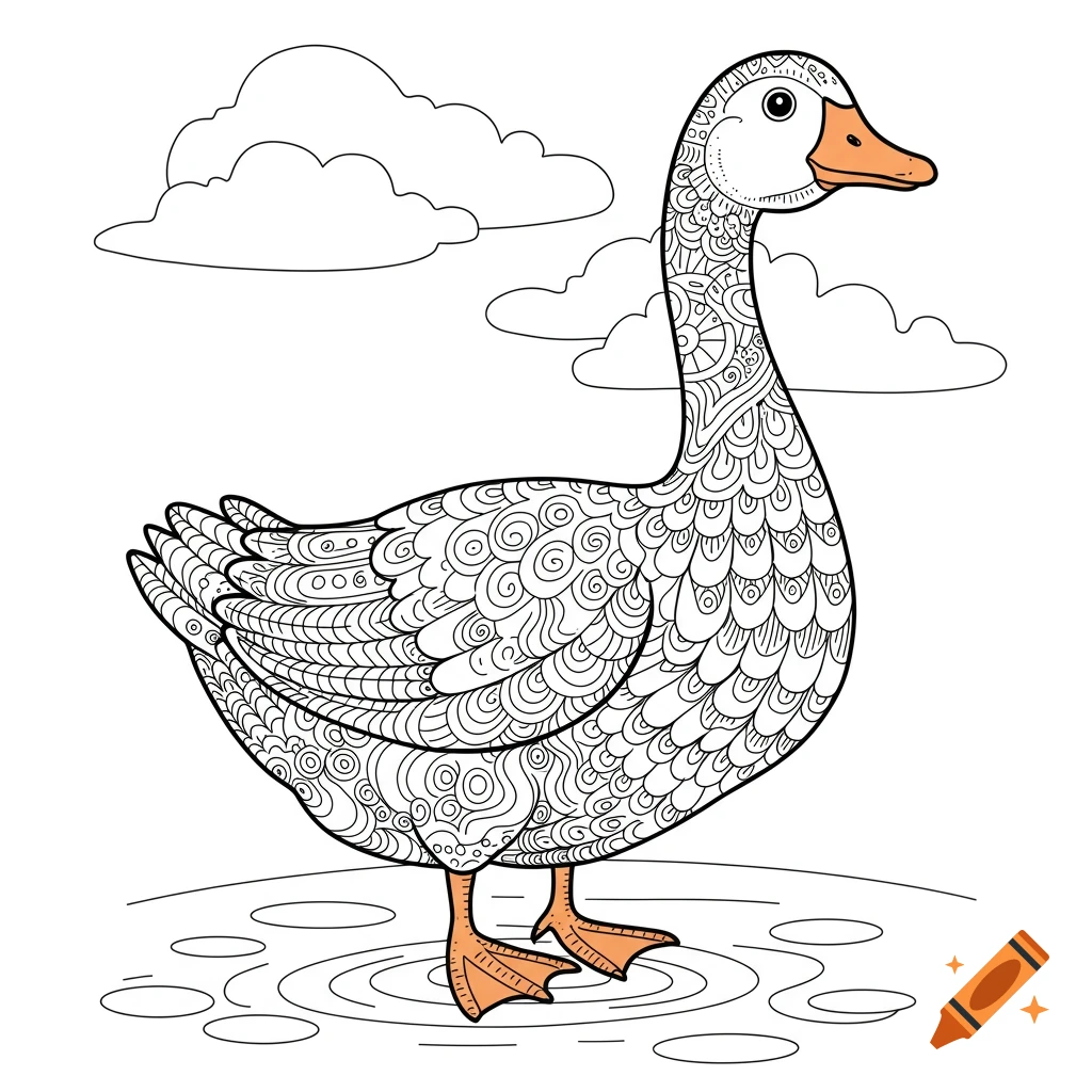A black and white cartoon goose with intricate patterns, standing in water under clouds, for a coloring page.