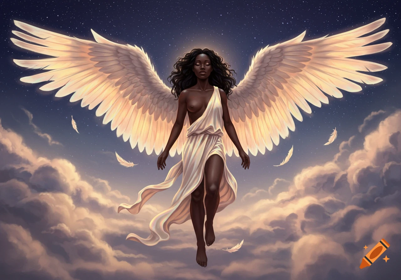 Dark-skinned angel with large white wings and flowing white gown floats among clouds under a starry night sky, digital art.