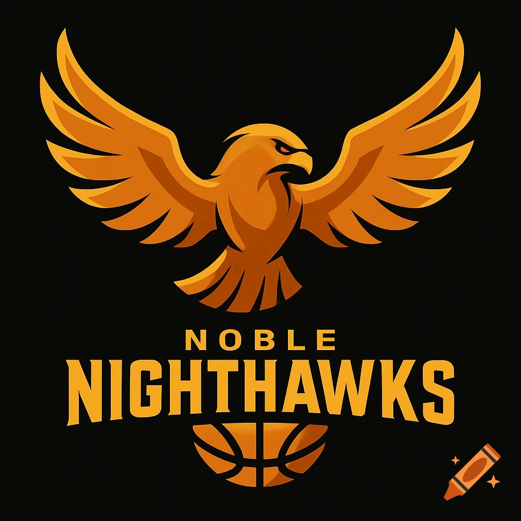 A vibrant orange and gold logo featuring a stylized hawk with outstretched wings, above the words 'NOBLE NIGHTHAWKS' and a basketball.
